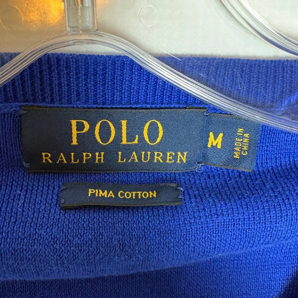 Polo Ralph Lauren Mens Royal Blue‎ Pima Cotton V-Neck Sweater Lime Pony Size M